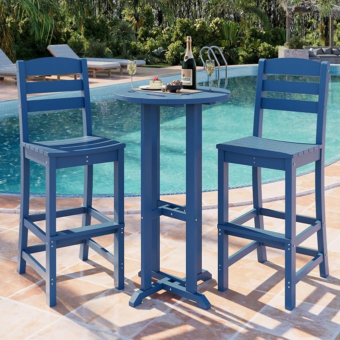 Shintenchi 3 Pieces Outdoor High Top Bar Set, 1 Patio High Top Round Table and 2 Bar Height Tall Adirondack Chair, All-Weather Outdoor Bistro Bar Set for Balcony Pool Deck, Blue