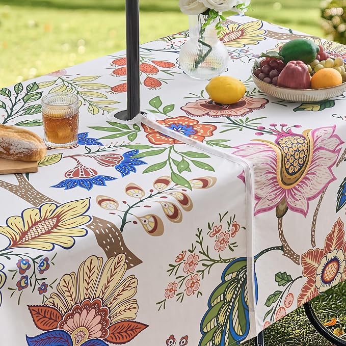 Outdoor Tablecloth with Umbrella Hole and Zipper 60x84 Inch Rectangle Paisley Table Cloth, Spillproof Wrinkler-Free Patio Table Cover for Spring Summer Backyard Party BBQ Decor