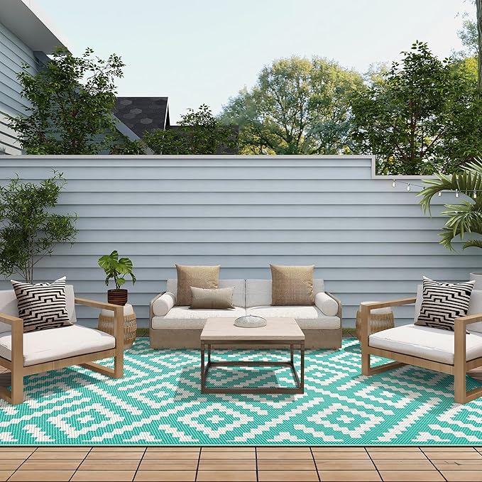 GENIMO Outdoor Rug, Waterproof Plastic Rugs for Patio, 6'x9' Lakegreen | Outside Larger Modern Carpet Mat for Porch Decor, Deck, Balcony, Camping, RV, Backyard, Picnic, Beach, Reversible, Foldable