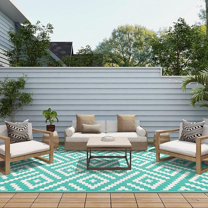 GENIMO Outdoor Rug, Waterproof Plastic Rugs for Patio, 6'x9' Lakegreen | Outside Larger Modern Carpet Mat for Porch Decor, Deck, Balcony, Camping, RV, Backyard, Picnic, Beach, Reversible, Foldable