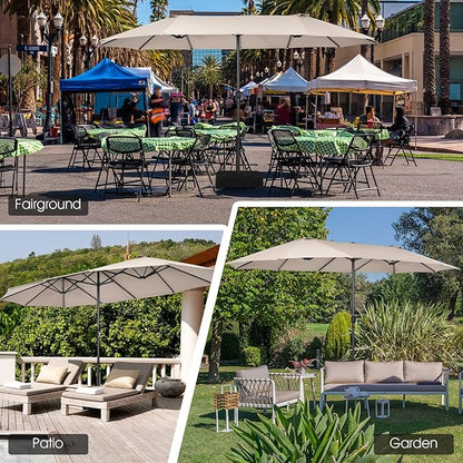 Tangkula 15Ft Double-Sided Patio Umbrella, Outdoor Extra Large Umbrella W/Hand-Crank System & Air Vents, Market Twin Umbrella W/ 12-Rib Sturdy Metal Frame for Poolside, Garden Backyard (Beige)