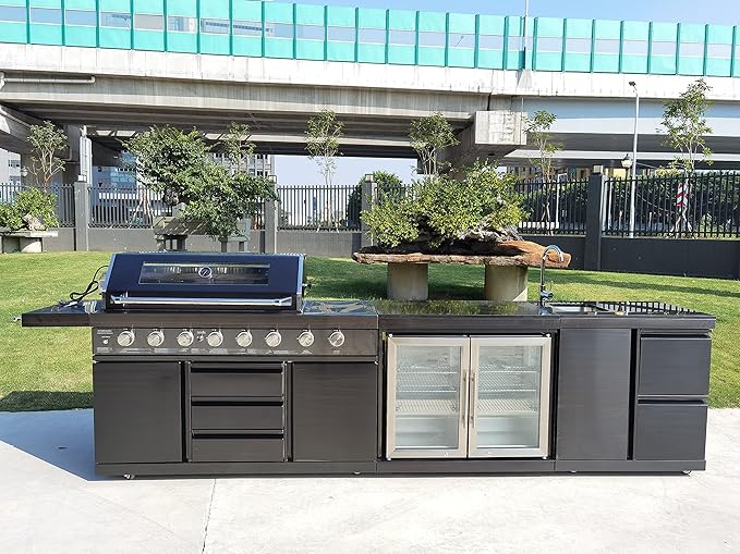 Modular 3 Piece Island Electric and Propane or Natural Gas BBQ Outdoor Black Stainless Steel Grill Kitchen with Double Wine Refrigerator, Sink, Rotisserie, Black Marble Top and FREE Protective Cover