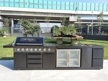 Modular 3 Piece Island Electric and Propane or Natural Gas BBQ Outdoor Black Stainless Steel Grill Kitchen with Double Wine Refrigerator, Sink, Rotisserie, Black Marble Top and FREE Protective Cover