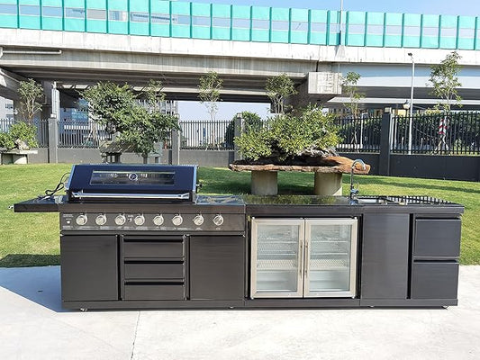 Modular 3 Piece Island Electric and Propane or Natural Gas BBQ Outdoor Black Stainless Steel Grill Kitchen with Double Wine Refrigerator, Sink, Rotisserie, Black Marble Top and FREE Protective Cover
