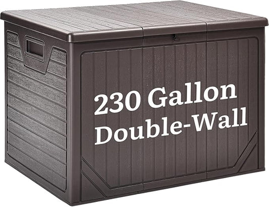 YITAHOME XXL 230 Gallon Extra Large Outdoor Deck Box, Lockable Resin Double-Wall Storage Box and Waterproof Patio Furniture Bin for Garden Tools & Pool Accessories, Brown