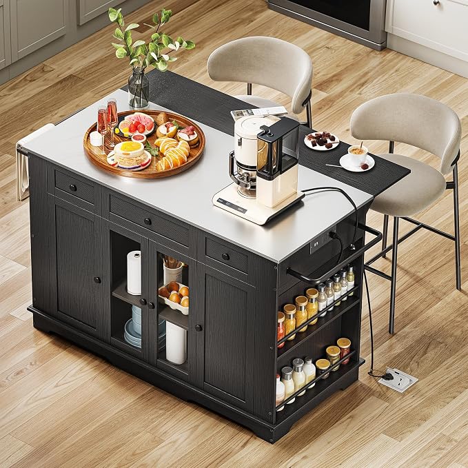 DWVO Kitchen Island with Stainless Steel Top & Power Outlet, 60 Inch Kitchen Island on Wheels with Drop Leaf, Large Rolling Mobile Center Islands w Storage Drawer Cabinet Counter Metal Top, Black