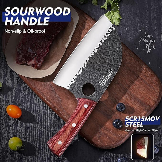 6.8Inch Serbian Chef Knife- Meat Cleaver, Butcher Knife set with Leather Sheath and Whetstone, Kitchen Knives for Home, Camping, BBQ