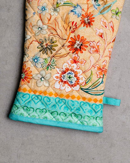 Maison d' Hermine 100% Cotton Oven Mitt & Pot Holder Set (7.5"x13" & 8"x8") Heat Resistant BBQ Cooking Gloves with Loop Baking Grilling Kitchen Hotel Home Farmhouse Spring Summer (Luxury Loft - Peach)