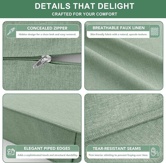 Summsun Outdoor Cushions for Patio Furniture, Faux Linen Water Resistant Backrest and Deep Seat Cushion Set with Removable Cover, Ties, Non-Slip Bottom, 22 x 22 Inch, Sage Green, Set of 2