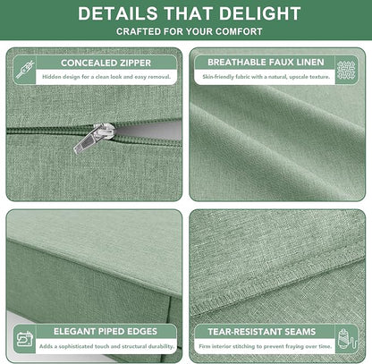 Summsun Outdoor Cushions for Patio Furniture, Faux Linen Water Resistant Backrest and Deep Seat Cushion Set with Removable Cover, Ties, Non-Slip Bottom, 22 x 22 Inch, Sage Green, Set of 2