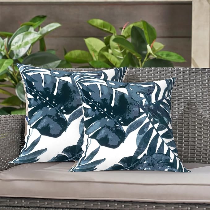 LVTXIII 2 Pack Outdoor Throw Pillow Covers for Patio Furniture, 16x16 Inch Square Pillow Case, Water-Repellent Cushion Covers for Garden, Porch, Sofa, Palm Blue