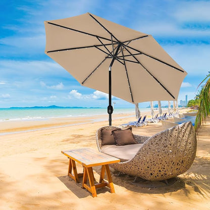 YSSOA 9' Solar Umbrella 32 LED Lighted Patio Umbrella Table Market Umbrellas with Push Button Tilt/Crank Outdoor for Garden, Deck, Backyard and Pool, Tan