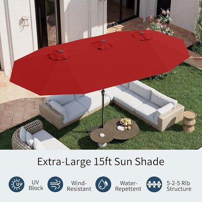 PatioKingdom 15FT Large Patio Umbrella with Base, Double Sided Rectangular Outdoor Umbrella with Sturdy Fiberglass Ribs, Market Umbrella for Pool,Garden,Backyard,Deck (Red, 15FT)