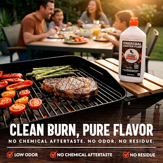 Charcoal Lighter Fluid (1 Quart) - 12 Pack Clean Burning, Low Odor & Fast Lighting Lighter Fuel - Perfect Fire Starter Fluid for Outdoor BBQ, Grilling, Camping, Charcoal & Wood Fires by Billy Buckskin