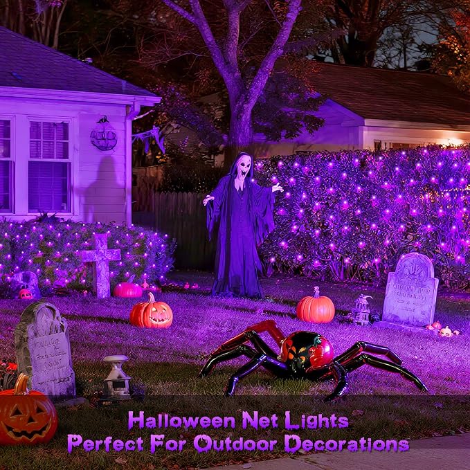 JMEXSUSS 360 LED Halloween Net Lights, Purple, 12ft x 5ft | Outdoor Waterproof, Connectable, Plug in, Mesh Lights with Remote for Bushes Shrubs Christmas Halloween Decorations