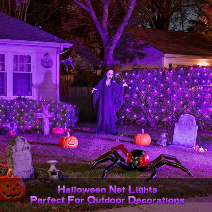 JMEXSUSS 360 LED Halloween Net Lights, Purple, 12ft x 5ft | Outdoor Waterproof, Connectable, Plug in, Mesh Lights with Remote for Bushes Shrubs Christmas Halloween Decorations