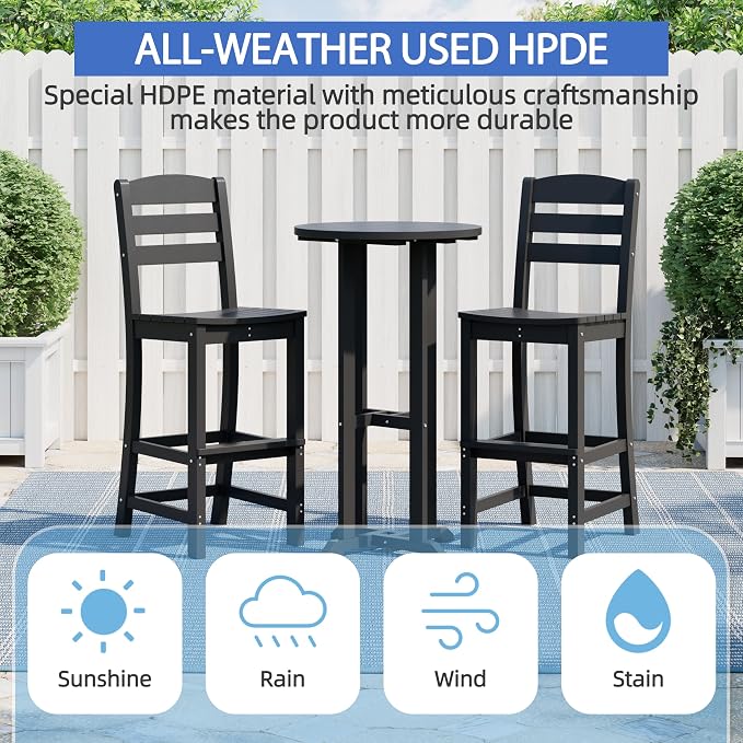 Shintenchi 3 Pieces Outdoor High Top Bar Set, 1 Patio High Top Round Table and 2 Bar Height Tall Adirondack Chair, All-Weather Outdoor Bistro Bar Set for Balcony Pool Deck, Black
