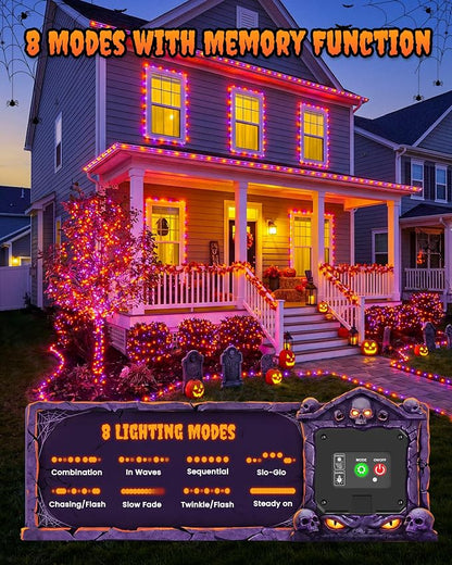 Minetom Solar Halloween Lights, 4 Pack Total 132Ft 400 LED String Lights | Solar Fairy Lights Outdoor Waterproof with 8 Modes, Twinkle Lights for Patio Yard Garden Tree Patry DIY Decor (Orange&Purple)