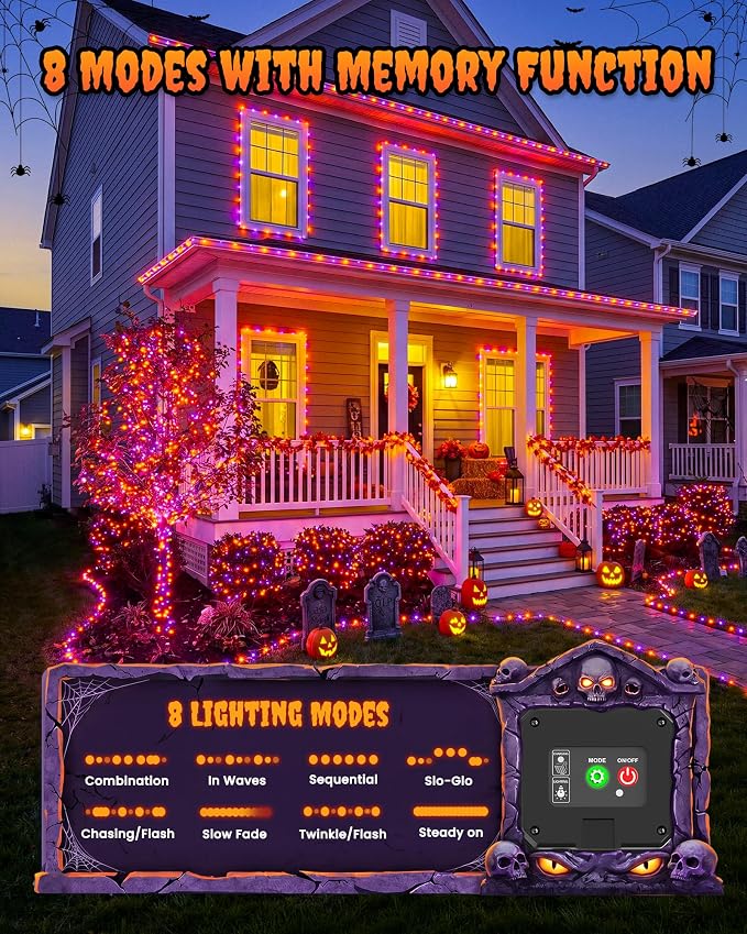 Minetom Solar Halloween Lights, 2 Pack Total 66Ft 200 LED String Lights | Solar Fairy Lights Outdoor Waterproof with 8 Modes, Twinkle Lights for Patio Yard Garden Tree Patry DIY Decor (Orange&Purple)