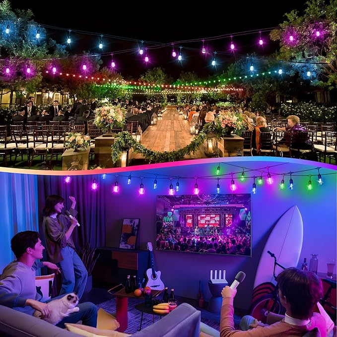 Larkvue 100FT(2x50FT) RGB Solar Outdoor String Lights with Remote, Multicolor&Warm White Dimmable Waterproof Patio Lights with 30 LED S14 Bulbs-Black