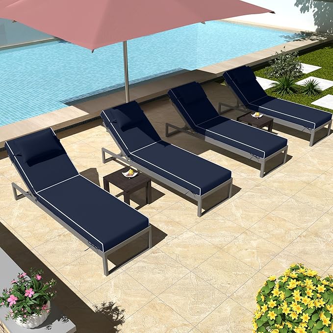 Chaise Lounge Cushions Outdoor Set of 2 Lounge Chair Cushion 80" L x 26" W with Headrest Straps 3'' Thick Waterproof PU Patio Chaise Cushions Pool Lounger Chair Cushion(Navy Blue)