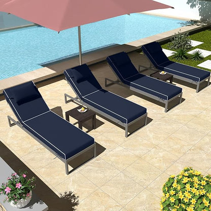 Chaise Lounge Cushions Outdoor Set of 2 Lounge Chair Cushion 80" L x 26" W with Headrest Straps 3'' Thick Waterproof PU Patio Chaise Cushions Pool Lounger Chair Cushion(Navy Blue)