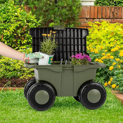 Pure Garden Rolling Garden Cart with Seat, Green | Plastic Garden Bench with Interior Tool Tray for Storage - Gardening Stool for Weeding and Planting