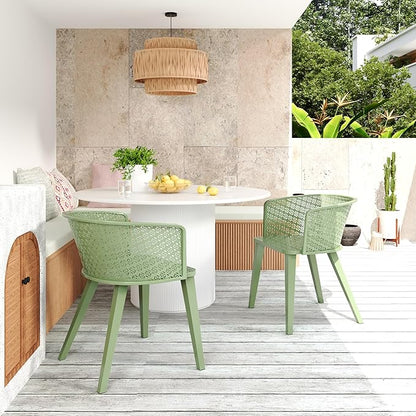 Christopher Knight Home Set of 2 Rivera Patio Iron Dining Chairs, Geometric-Carved Pattern Round Backrest, Armchair for Kitchen, Restaurant, Garden, Balcony, Porch, Backyard, Poolside, Matte Green