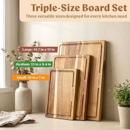 Acacia Wood Cutting Boards for Kitchen Set of 3, Juice Groove | Non Toxic Wooden Chopping Boards, Knife Friendly, Large Kitchen Boards for Meat, Cheese, Charcuterie & Serving