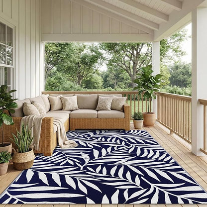 Smiry Outdoor Rug 5x8 ft Waterproof Reversible Leaf Mat, Navy & White | Polypropylene Plastic Straw, Quick Drying, Lightweight Foldable, for Patio, Deck, RV Camping, Backyard and Indoor Outdoor Use
