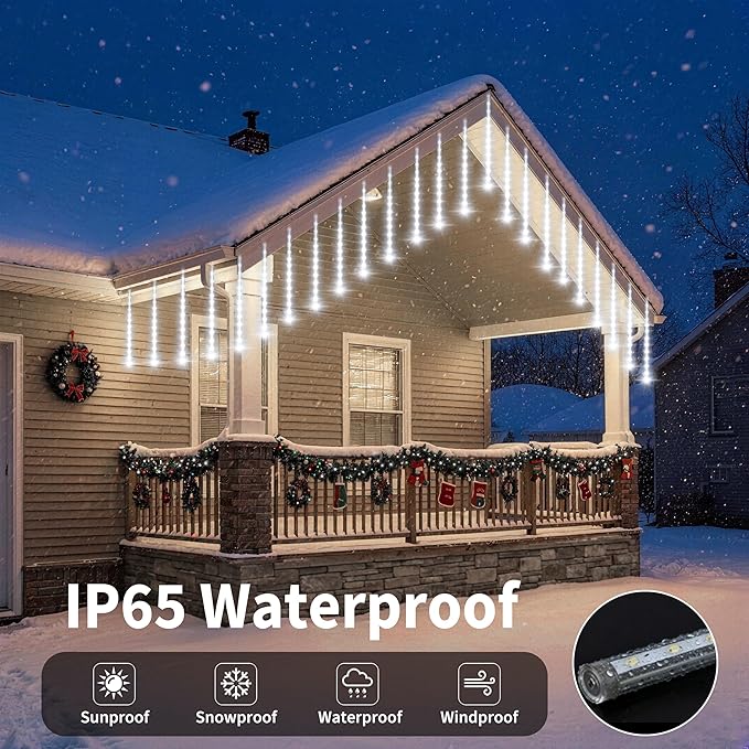 Solar Meteor Shower Lights, Solar Christmas Lights 16 Tubes 384 LEDs (Equivalent to 2 Sets of 8-Tube), Outdoor Waterproof Icicle String Light, LED Rain Drop Light for Tree Garden Decor (Cool White)