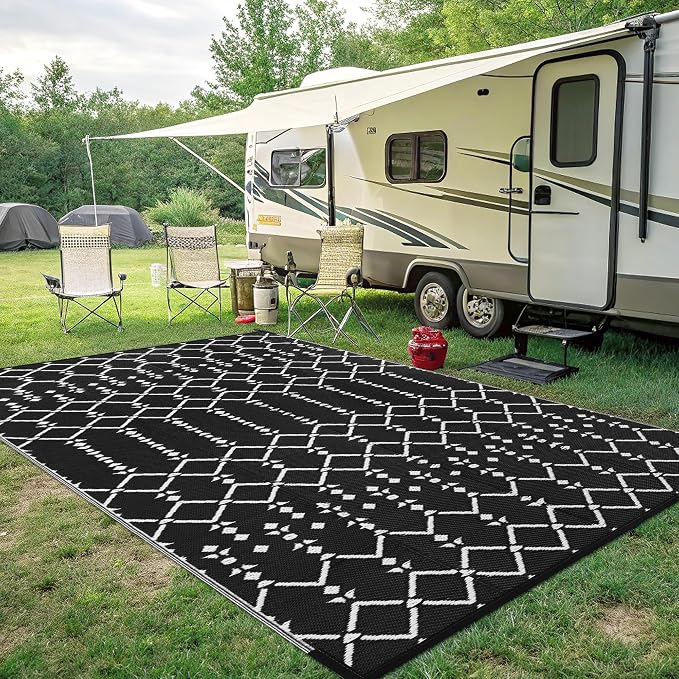 Smiry Outdoor Rug 8x10 ft Waterproof Reversible Boho Mat, Black | Polypropylene Plastic Straw, Quick Drying, Lightweight Foldable, for Patio, Deck, RV Camping, Backyard and Indoor Outdoor Use