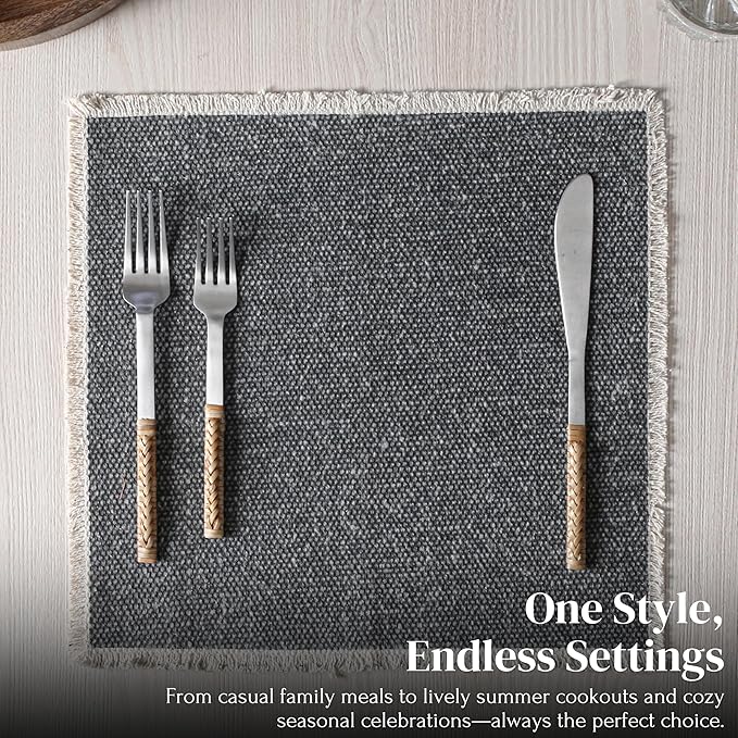 Hausattire Cotton Frayed Placemats Set of 6 Dining Table 14x14 Inch | Rustic Boho Washable Easter Placemat for Outdoor Parties BBQ's Wedding, Holiday, Special Occasions, Nubby Cotton - Washed Black