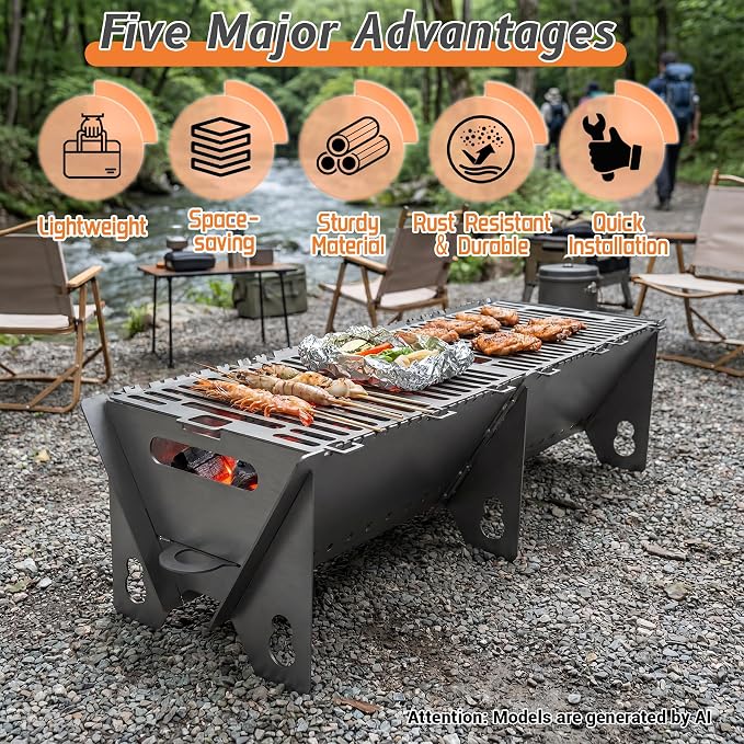 Portable Charcoal BBQ Grill, Extra Long Heavy Duty Camping Safe | 31.4"x9.1"x7.9",2mm Steel Construction for Outdoor Cook, Family BBQ, Picnic，Detachable, Folds to 3cm Flat for Easy Storage