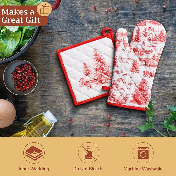 Maison d' Hermine Pot Holders 100% Cotton Potholders (8" x 8", Pack of 1) | Heat Resistant Hot Pads with Loop BBQ Cooking Baking Hotel Kitchen Handling Hot Pans Thanksgiving Christmas - Winter Jouy