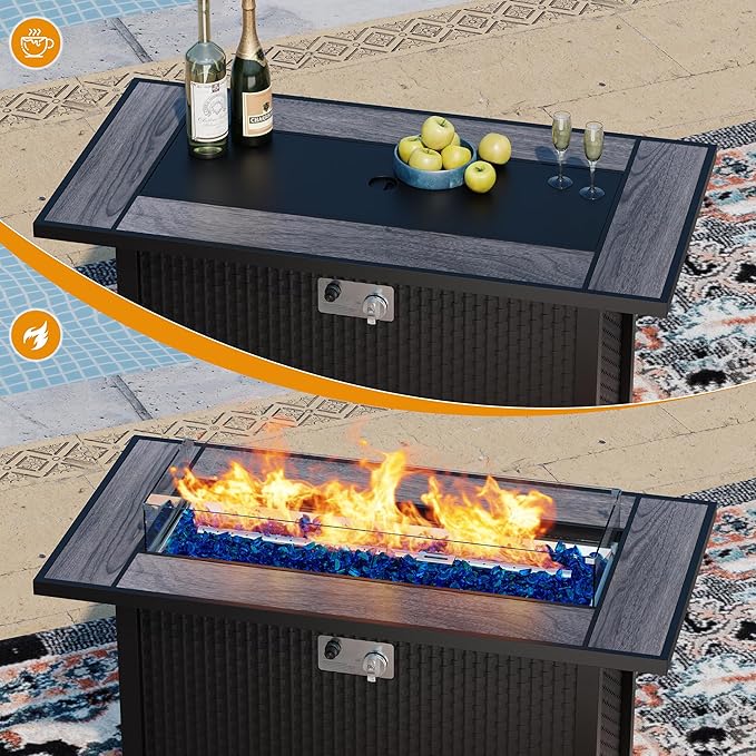 45 Inch Propane Fire Pit Table, 50,000 BTU Outdoor Gas Fire Pit for Patio & Backyard, 2-in-1 Firepit Dining Table with Glass Wind Guard, Blue Glass Rocks & Waterproof Cover