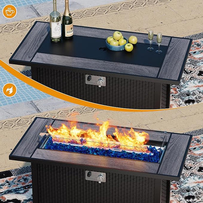 45 Inch Propane Fire Pit Table, 50,000 BTU Outdoor Gas Fire Pit for Patio & Backyard, 2-in-1 Firepit Dining Table with Glass Wind Guard, Blue Glass Rocks & Waterproof Cover