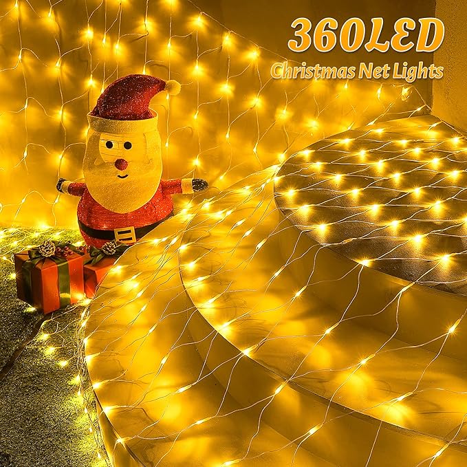 HEYFUNi Net Mesh Waterproof String Lights,360LED 13ft x 5ft Christmas Net Lights, 8 Modes,Connectable for Indoor Outdoor, Curtain,Garden,Christmas Tree, Bush, Party, Holiday, Wall Decor (Warm White)