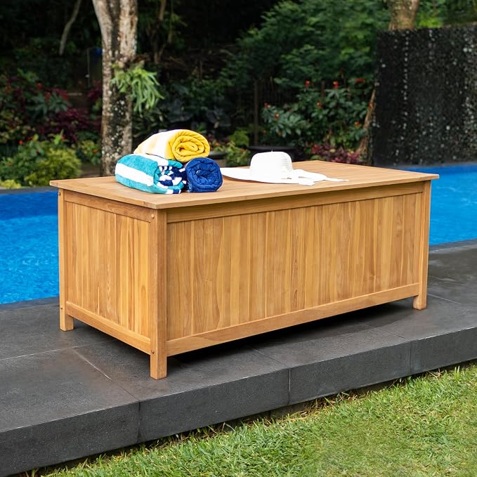 Cambridge Casual Arie 60-Inch Teak Outdoor Deck Storage Box Chest, Weather-Resistant Patio Organizer with Soft-Close Lid for Pool, Garden & Backyard, 119 Gallons Outdoor Storage Box