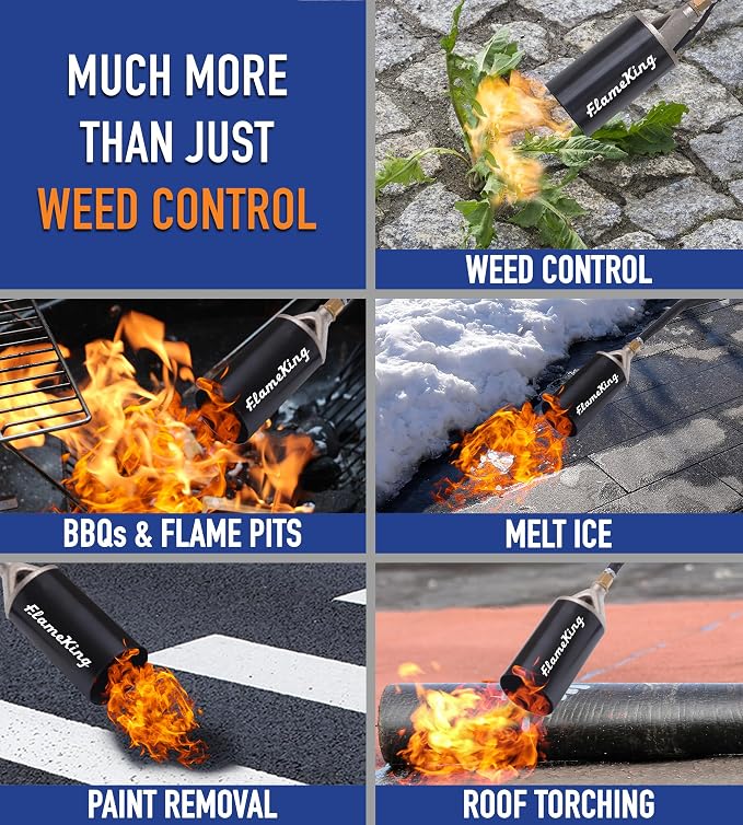 Flame King Propane Torch Kit Heavy Duty Weed Burner, 340,000 BTU with Piezo Igniter (Self Igniting), with 10-ft Hose for Weed Burning, Melting Ice and Snow, and Roofing