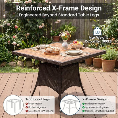 Wisteria Lane Patio Outdoor Table and Chairs Set, Rattan Outdoor Patio Furniture Set with Removable Cushions, Outdoor Patio Dining Sets with Acacia Wood Tabletop for Deck Garden Backyard, Brown