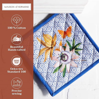 Maison d' Hermine Pot Holders 100% Cotton Heat Resistant Potholders 8" x 8" Hot Pads with Loop BBQ Cooking Baking Hotel Farmhouse Kitchen Handling Hot Pans Spring Summer (Pack of 1, Passiflora)
