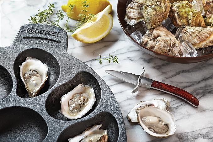 Outset Oyster Lovers Cast Iron Grill Set, Oyster Grill Pan & Shucking Knife | Grill & Serve Oysters In One Pan | 12 Capacity Oyster Tray & Plate | Oven, Grill & Stovetop Safe | Includes Oyster Shucker