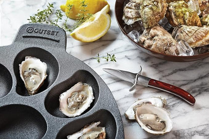 Outset Oyster Lovers Cast Iron Grill Set, Oyster Grill Pan & Shucking Knife | Grill & Serve Oysters In One Pan | 12 Capacity Oyster Tray & Plate | Oven, Grill & Stovetop Safe | Includes Oyster Shucker