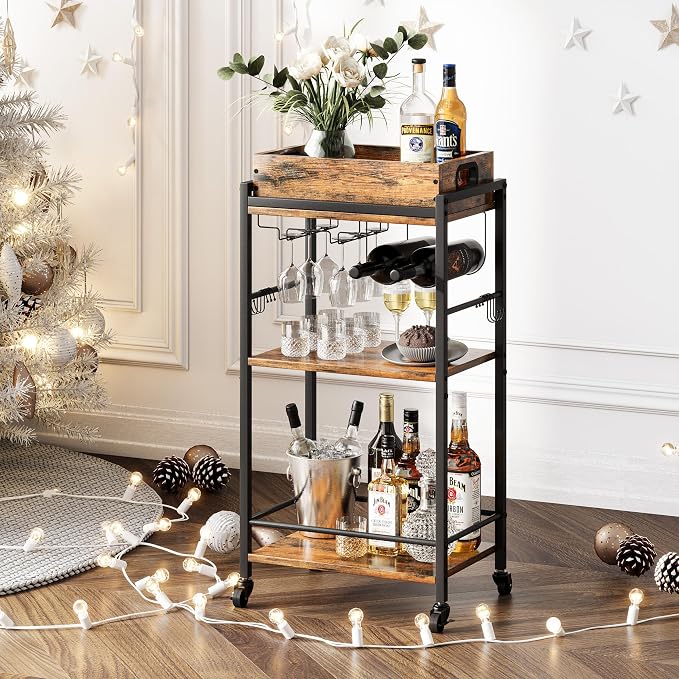 3 Tier Rolling Bar Cart with Wheels, Wine Cart with Removable Tray, Rustic Bar Carts Small, Drink Cart for Small Spaces, Beverage Cart, Liquor Cart for Kitchen, Living Room(Rustic Brown)GBC513R