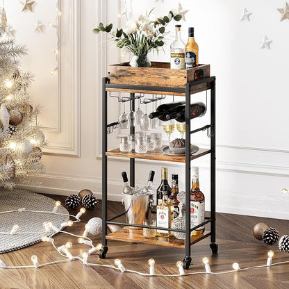 3 Tier Rolling Bar Cart with Wheels, Wine Cart with Removable Tray, Rustic Bar Carts Small, Drink Cart for Small Spaces, Beverage Cart, Liquor Cart for Kitchen, Living Room(Rustic Brown)GBC513R