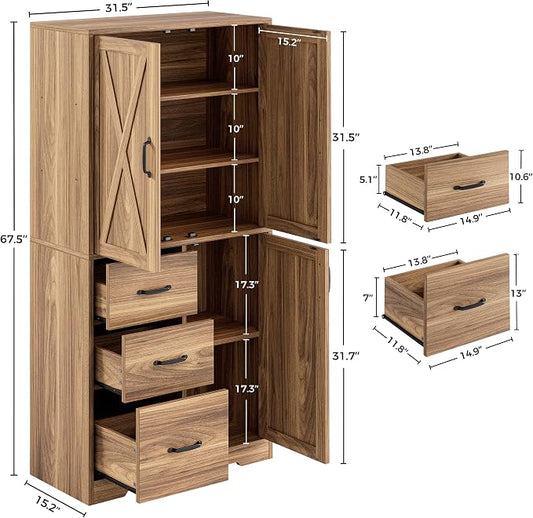 IRONCK Pantry Cabinet, Storage Cabinet with 3 Door & Drawer, Oak Brown | Adjustable Shelf. 67.5inch Tall. 5 Tier Freestanding. 150 lbs Per Shelf. Farmhouse Style. FSC-certified Wood. Anti-tip.