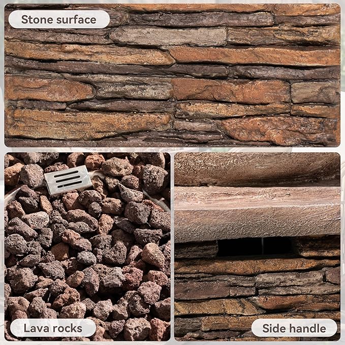 COSIEST Outdoor Propane Fire Pit Table w Faux Brown Compact Ledge Stone 20" Square Base and Faux Rose-Marble Round Bowl, Certified, 40,000 BTU, Free Lava Rocks, Fits 20lb Tank Inside, Raincover
