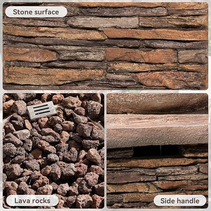 COSIEST Outdoor Propane Fire Pit Table w Faux Brown Compact Ledge Stone 20" Square Base and Faux Rose-Marble Round Bowl, Certified, 40,000 BTU, Free Lava Rocks, Fits 20lb Tank Inside, Raincover