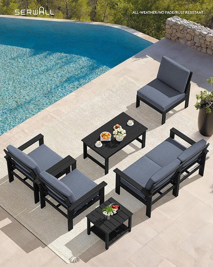SERWALL HDPE Patio Furniture Set, 7-piece Outdoor Sectional Sofa Set, All Weather Outdoor Couch Set for Deck, Lawn, Black Frame with Grey Cushion